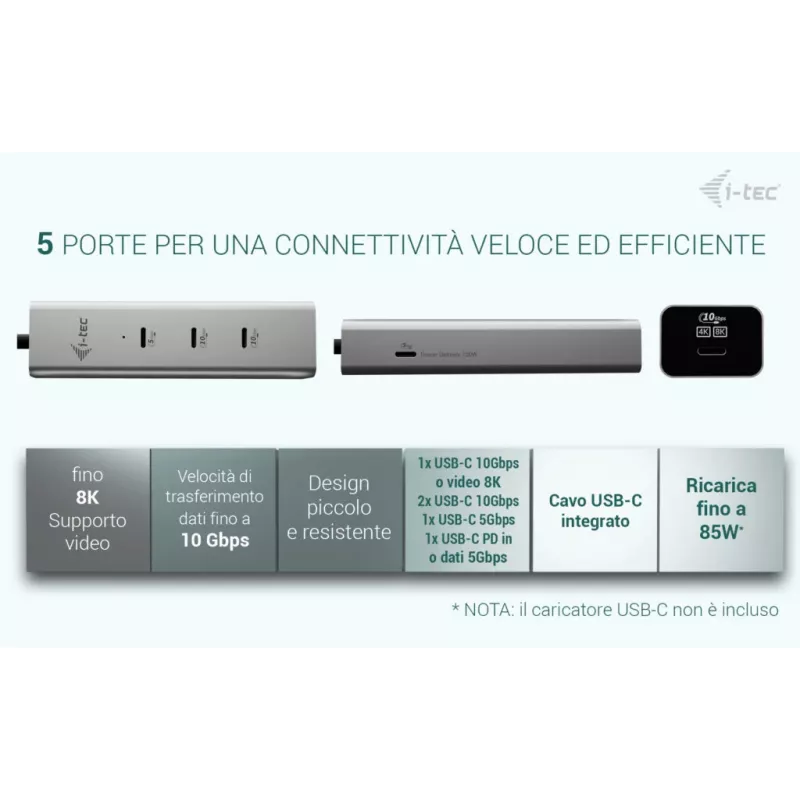 i-tec Metal USB-C įkrovimo stotelė 5 prievadai su USB-C vaizdo išvedimu 8K + Power Delivery 85W