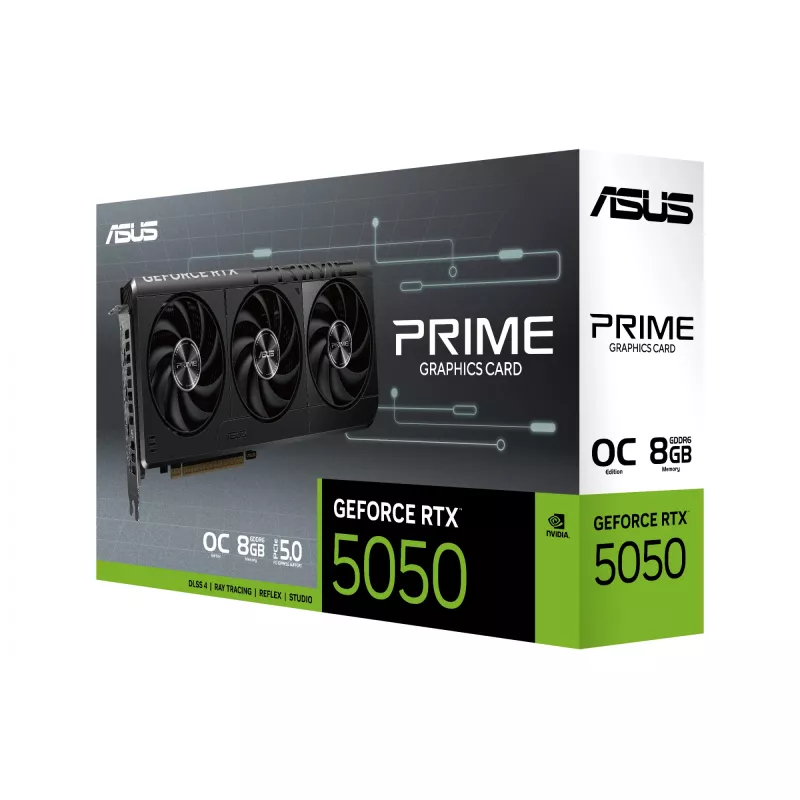 Vaizdo plokštė ASUS GeForce RTX 5050 8 GB GDDR6, PCIe 5.0, 2560 CUDA branduoliai, 128 bitų, 3xDP 1xHDMI, 550 W maitinimo šaltinis, 268,3×120×50 mm