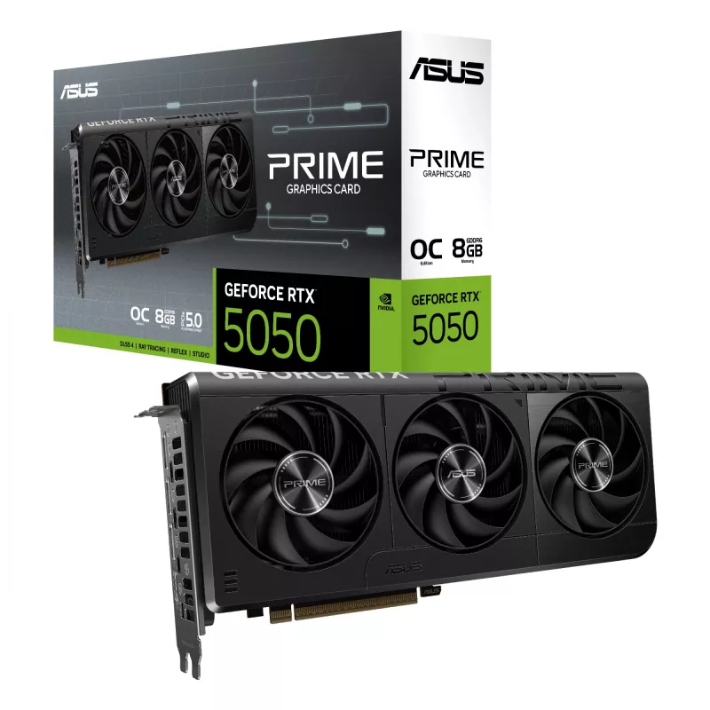 Vaizdo plokštė ASUS GeForce RTX 5050 8 GB GDDR6, PCIe 5.0, 2560 CUDA branduoliai, 128 bitų, 3xDP 1xHDMI, 550 W maitinimo šaltinis, 268,3×120×50 mm