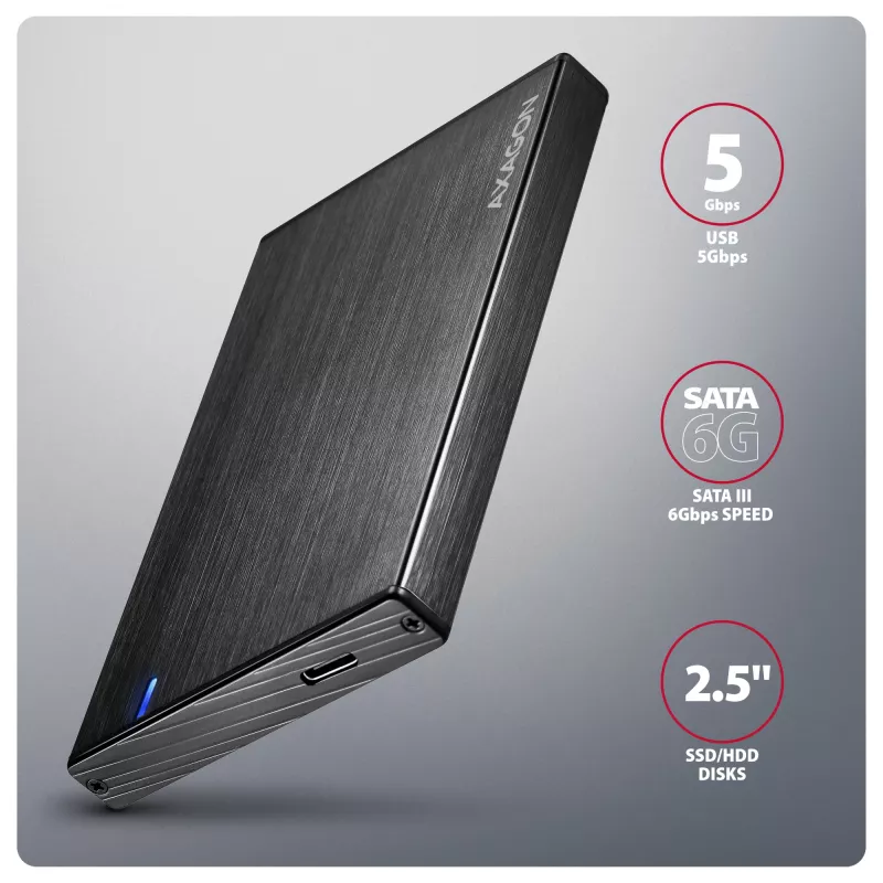 Išorinis diskų dėklas Axagon EE25-XA6C aliuminis USB-C 5Gbps – SATA 6G 2.5 colio SSD/HDD