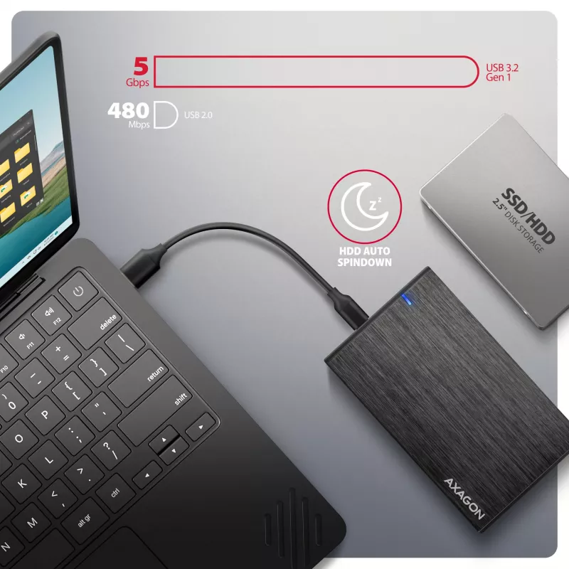 Išorinis diskų dėklas Axagon EE25-XA6C aliuminis USB-C 5Gbps – SATA 6G 2.5 colio SSD/HDD