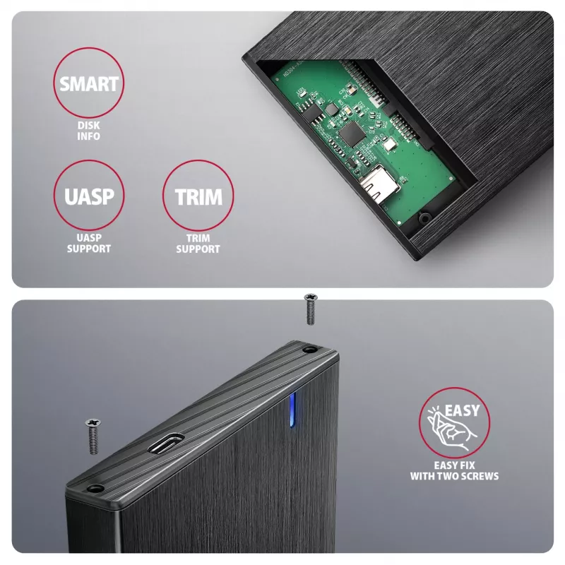 Išorinis diskų dėklas Axagon EE25-XA6C aliuminis USB-C 5Gbps – SATA 6G 2.5 colio SSD/HDD