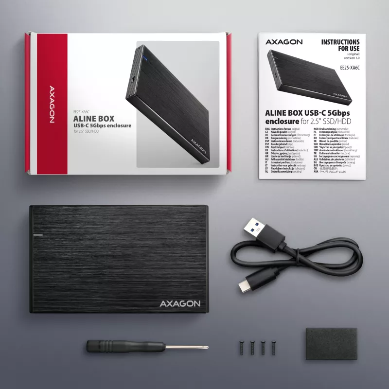 Išorinis diskų dėklas Axagon EE25-XA6C aliuminis USB-C 5Gbps – SATA 6G 2.5 colio SSD/HDD