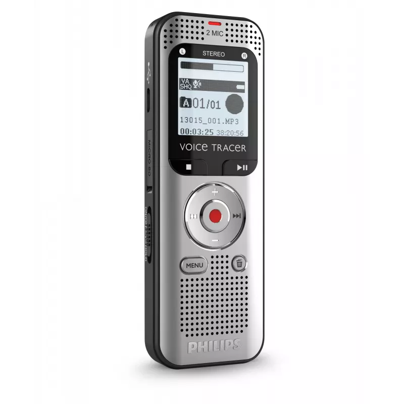 Diktofonas Philips Voice Tracer DVT2015, vidinė atmintis 8 GB, „Flash“ kortelės lizdas, sidabrinis, 2370 h įrašymo laikas