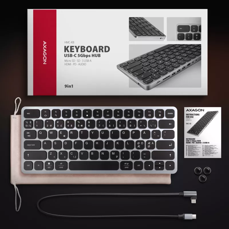 AXAGON HMC-KB-NRD USB 5Gbps centras su klaviatūra, HDMI 4K/60Hz, 3x USB-A, SD/mSD, garsu, PD100, Šiaurės išdėstymas