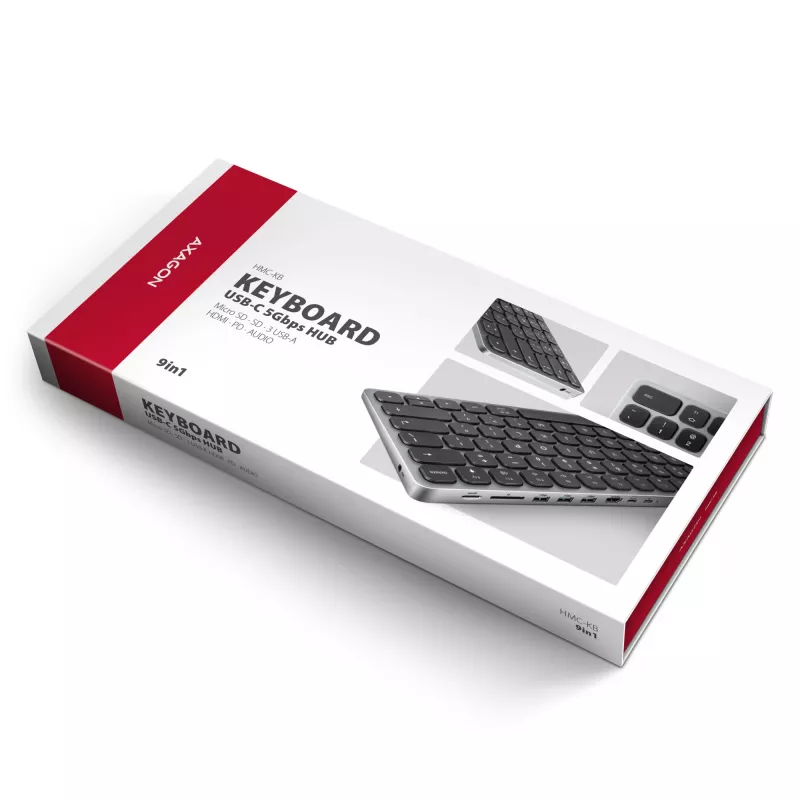 AXAGON HMC-KB-NRD USB 5Gbps centras su klaviatūra, HDMI 4K/60Hz, 3x USB-A, SD/mSD, garsu, PD100, Šiaurės išdėstymas