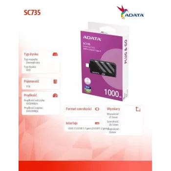 ADATA SC735 1 TB išorinis SSD, USB 3.2 Gen 2 (U3.2C), pilkas