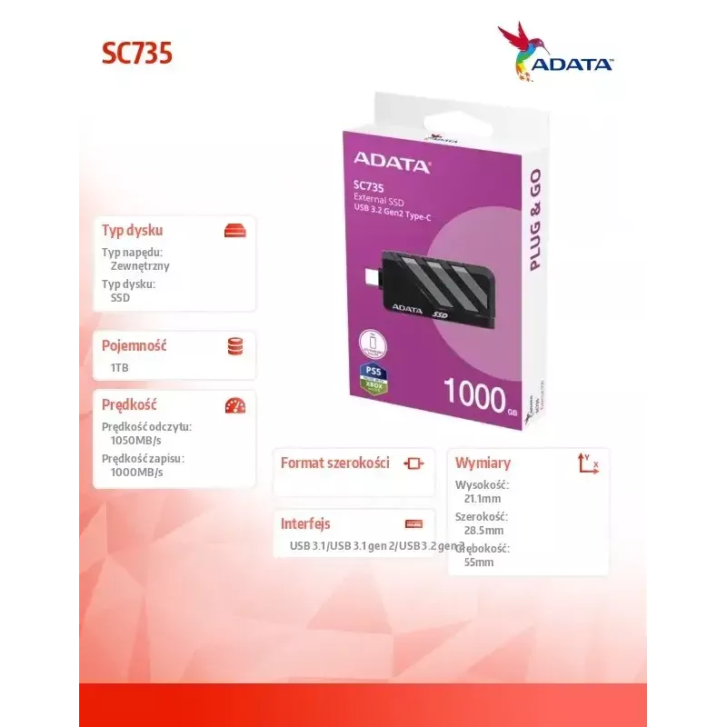 ADATA SC735 1TB išorinis SSD 2.5 colio U3.2C