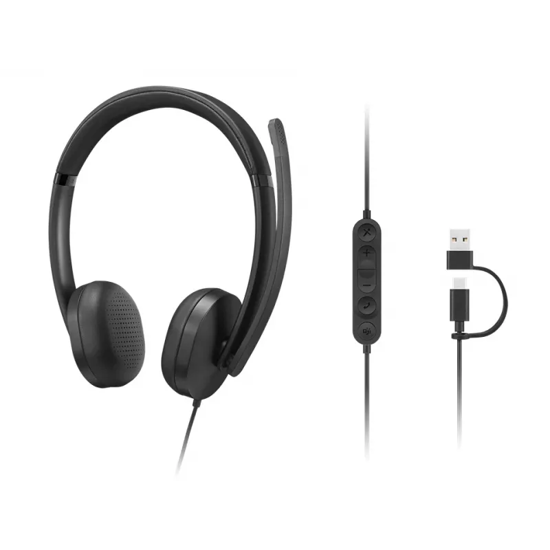 Lenovo VoIP Headset 5000 laidinis ausinių rinkinys su USB-C ir USB-A adapteriu, juoda