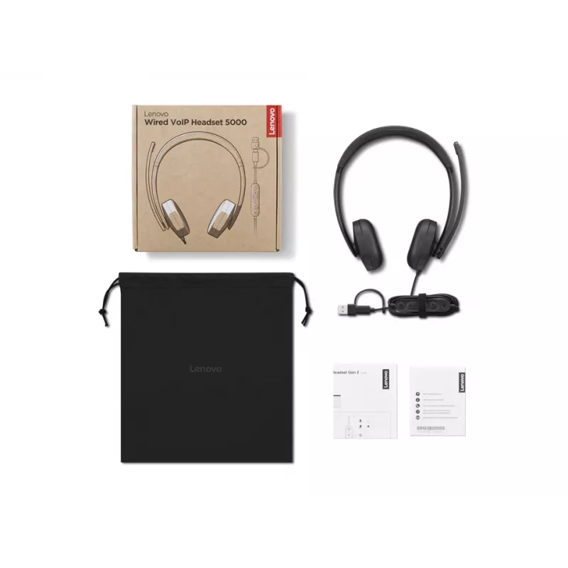 Lenovo VoIP Headset 5000 laidinis ausinių rinkinys su USB-C ir USB-A adapteriu, juoda
