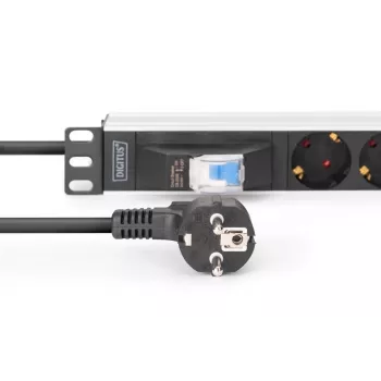 DIGITUS PDU - 1U aliumininis stovo skydelis 7x saugos lizdai 16A 4000W 250VAC 50/60Hz 1x grandinės pertraukiklis