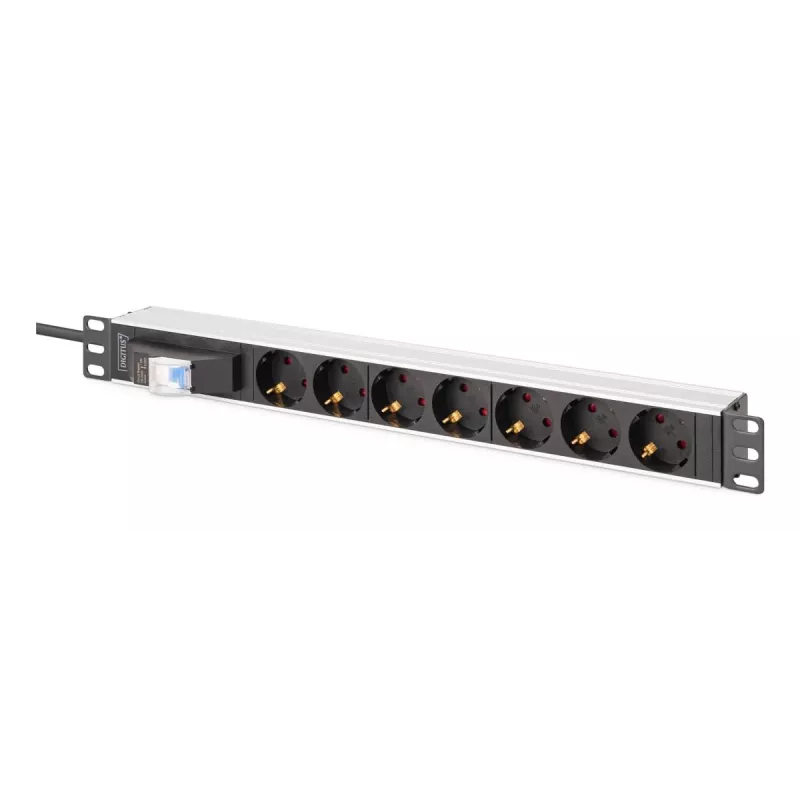 DIGITUS DN-95439 19 colių 1U aliumininis PDU montavimui į spintą, 7x Schuko lizdai, saugiklis, 16 A, 4000 W, 230 V, 50/60 Hz, 1,8 m kabelis