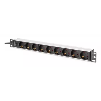 DIGITUS PDU - 1U aliumininis stovo maitinimo skirstytuvas 8x CEE 7/7 lizdas 1x lizdas 10A Kištukas 250VAC 50/60Hz IEC C14 kištukas su saugikliu