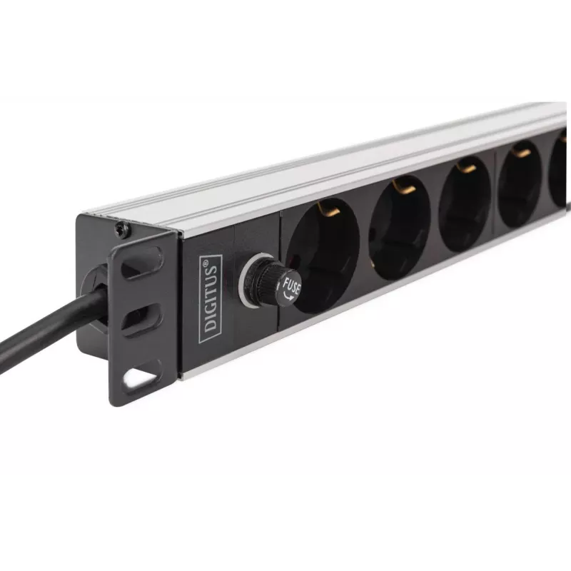 DIGITUS PDU - 1U aliumininis stovo maitinimo skirstytuvas 8x CEE 7/7 lizdas 1x lizdas 10A Kištukas 250VAC 50/60Hz IEC C14 kištukas su saugikliu