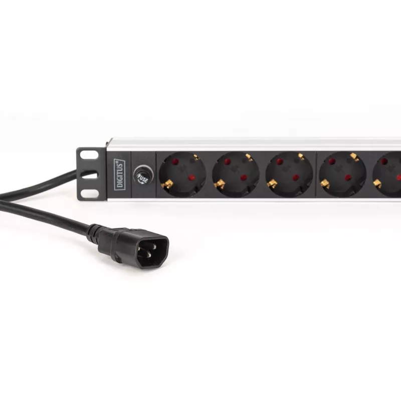 DIGITUS PDU - 1U aliumininis stovo maitinimo skirstytuvas 8x CEE 7/7 lizdas 1x lizdas 10A Kištukas 250VAC 50/60Hz IEC C14 kištukas su saugikliu