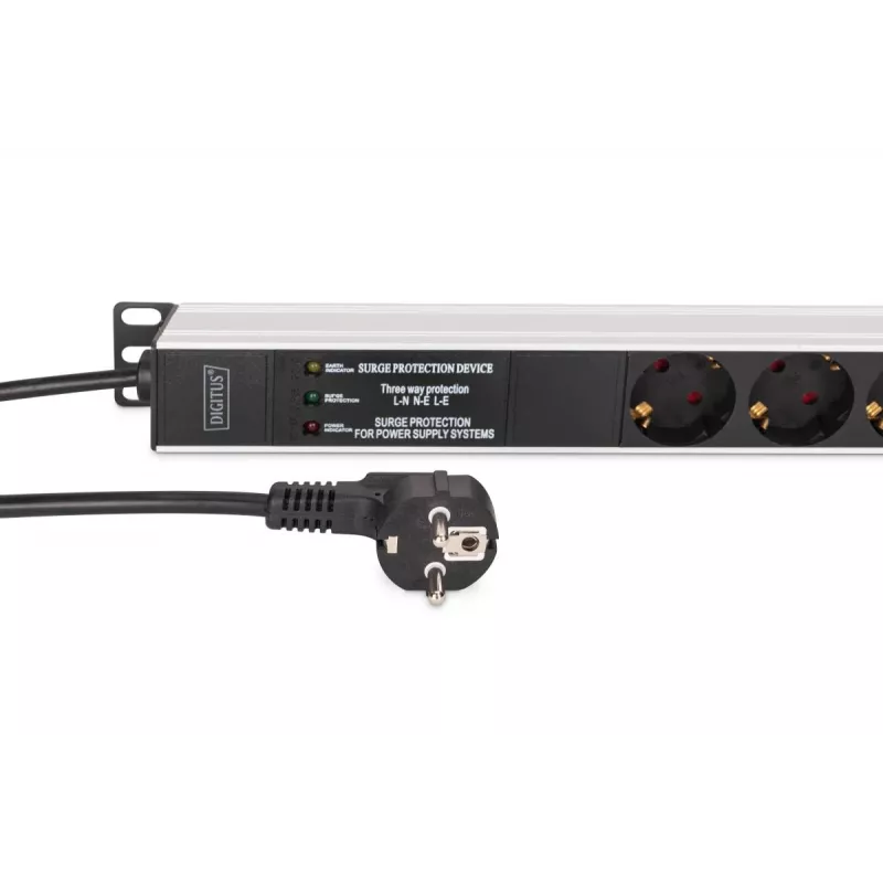 DIGITUS DN-95438 PDU su dažnių filtru ir apsauga nuo viršįtampių 1U 9x kištukinis lizdas 16A 3600W 230V 2m