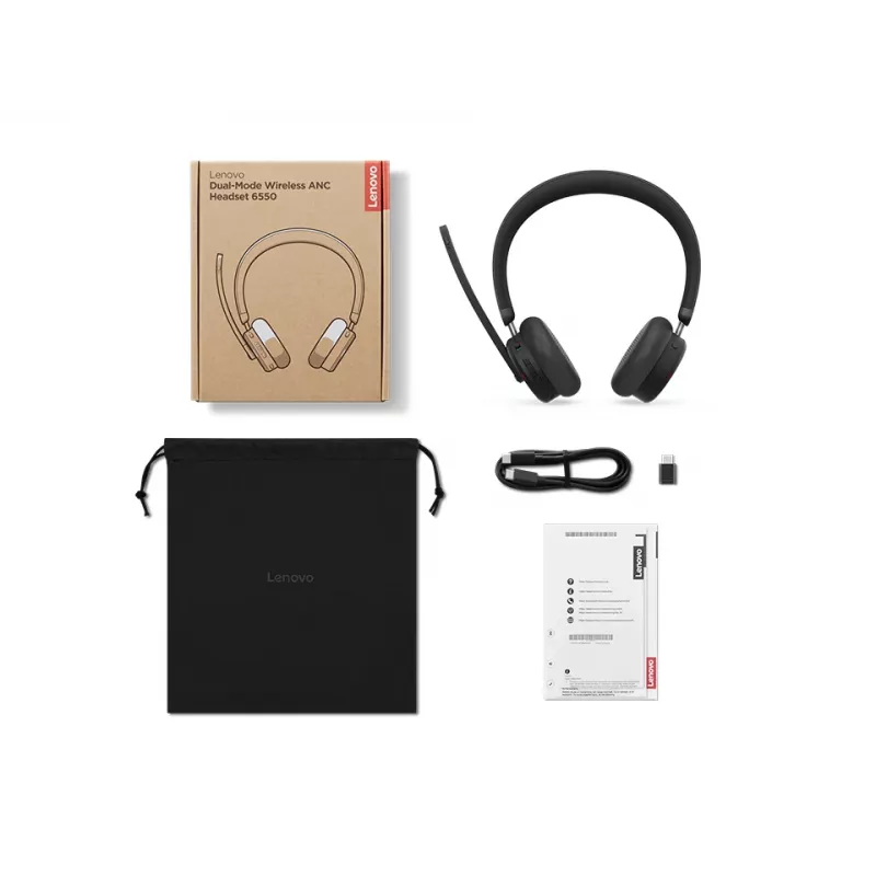 Lenovo 6550 belaidė ausinė su ausų juosta, skirta biurui / skambučių centrui, USB Type-C, Bluetooth, juoda