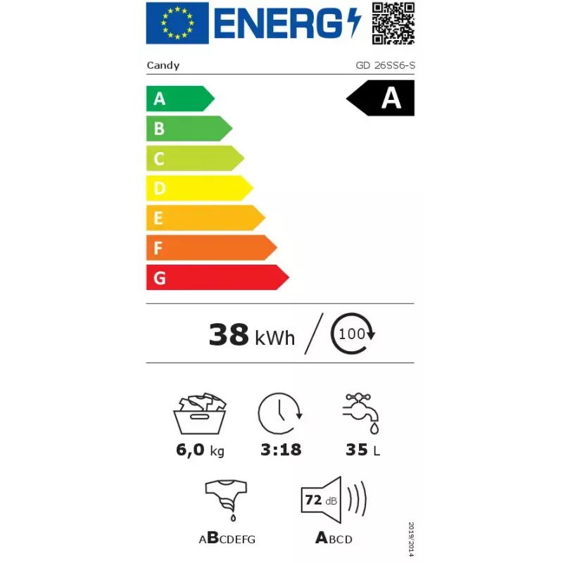 Candy GD 26SS6-S skalbyklė priekinio pakrovimo 6 kg 1200 aps./min Balta