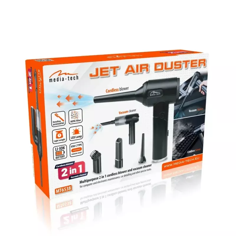 Mini pūstuvas MEDIA-TECH MT6538 2 IN 1 Jet Air Duster – belaidis rankinis valytuvas, 2000 mAh, 65 W, 2500 l/min, 7000 Pa