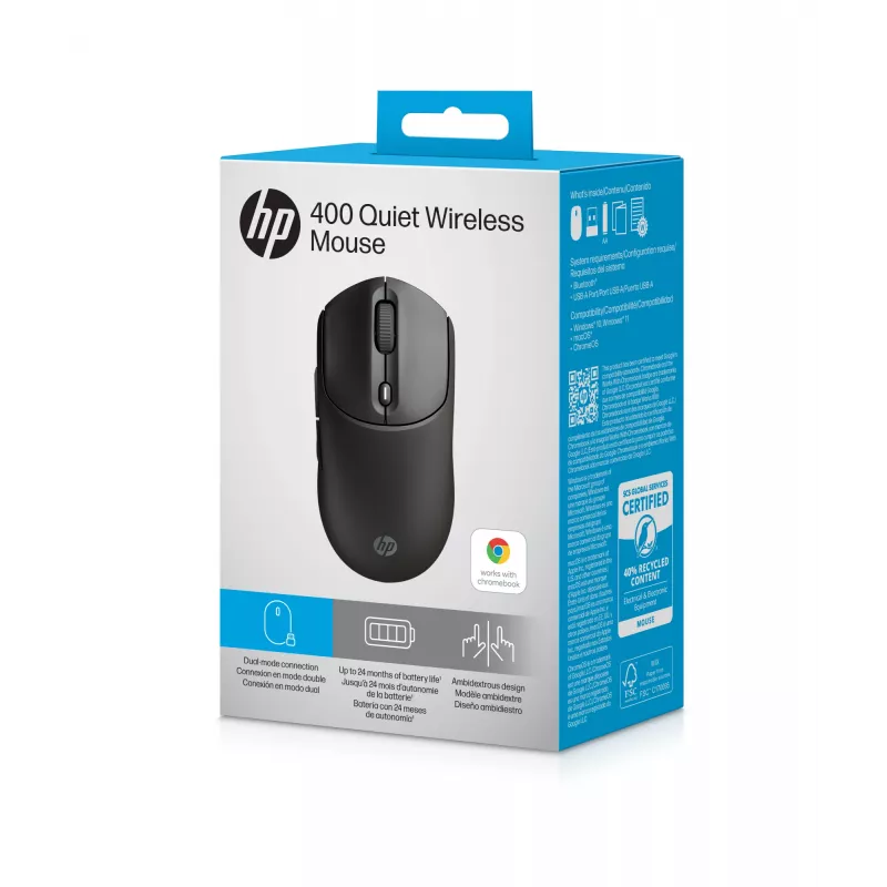 HP 400 tylioji belaidė pelė, juoda, ambidekstrinė, RF belaidis + Bluetooth, 6000 DPI