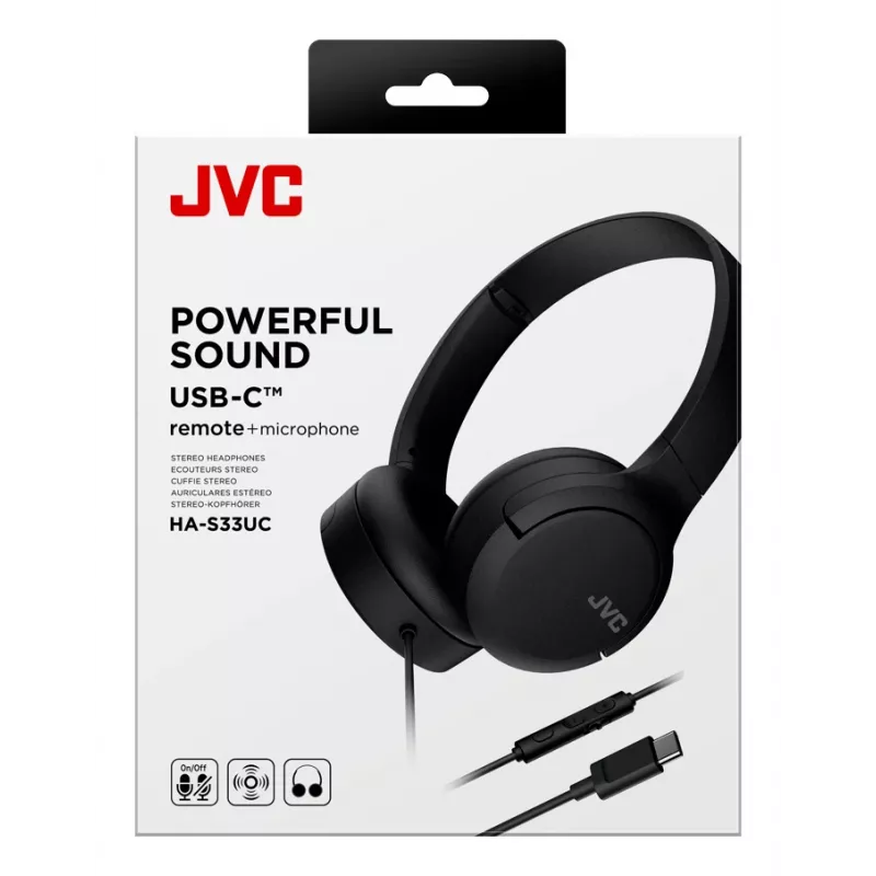 Ausinės JVC HA-S33UC laidinės ausinės ant galvos, 2 garsiakalbiai 29,7 mm, 20–20000 Hz, 1,2 m laidas, įmontuotas mikrofonas, juodos