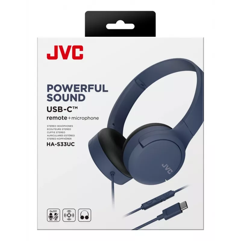 Ausinės JVC HA-S33UCAU laidinės binauralinės galvos juosta USB-C, 2 garsiakalbiai 2,97 cm, 20–20000 Hz, kabelis 1,2 m, mėlyna