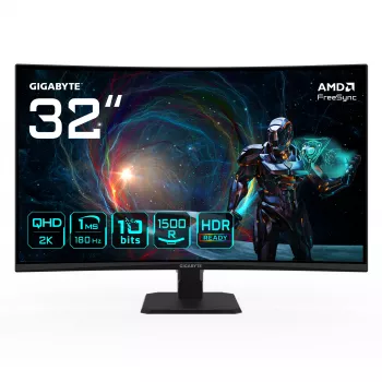 GIGABYTE GS32QCA 31,5 colų QHD lenktas žaidimų monitorius - 2560 x 1440, 180Hz, 1ms, 250 cd/m², FreeSync, HDR Ready, HDMI 2.0, DisplayPort 1.4