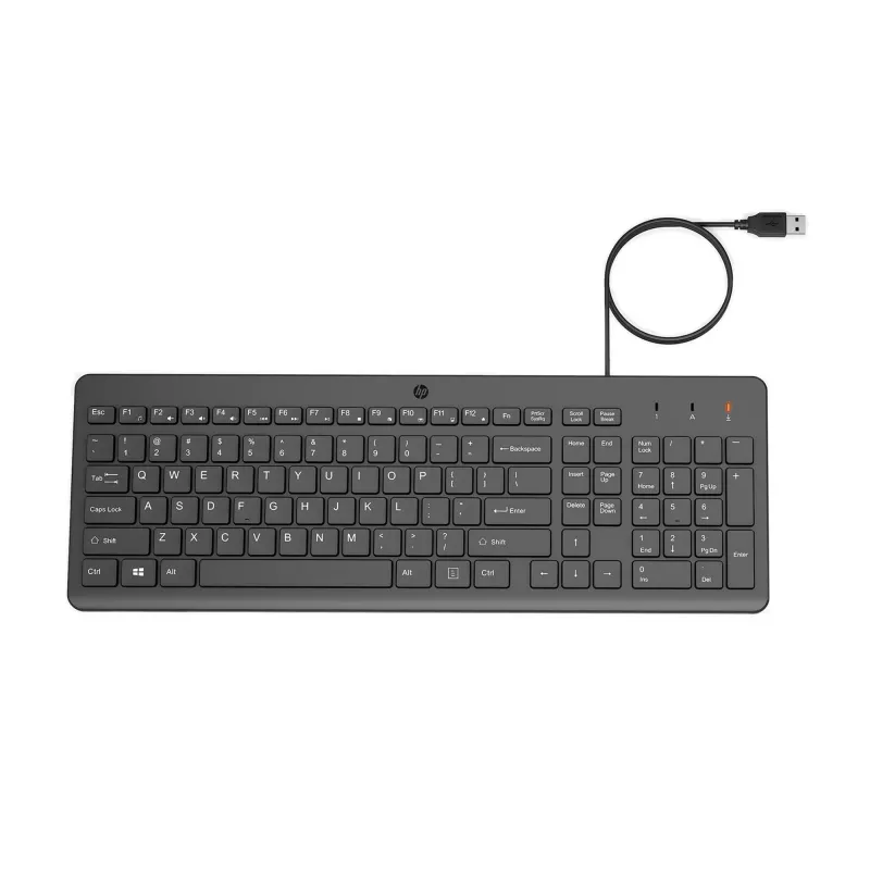HP 150 laidinė klaviatūra, viso dydžio (100%), laidinė, USB, chiclet, QWERTY, juoda