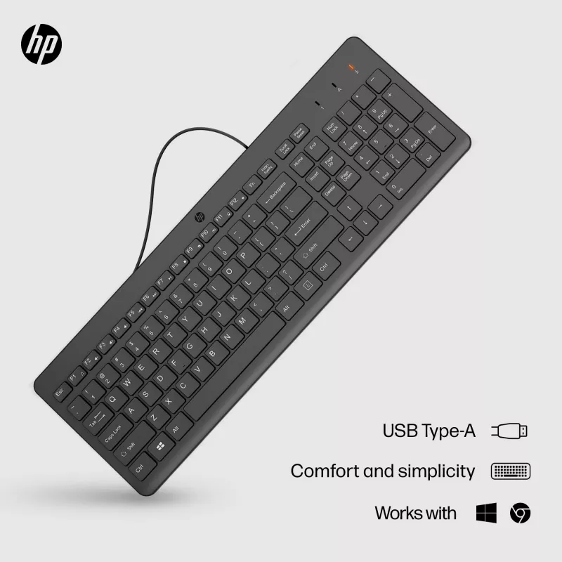HP 150 laidinė klaviatūra, viso dydžio (100%), laidinė, USB, chiclet, QWERTY, juoda