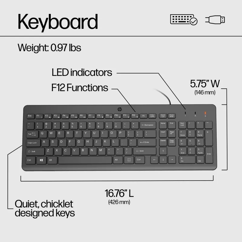 HP 150 laidinė klaviatūra, viso dydžio (100%), laidinė, USB, chiclet, QWERTY, juoda