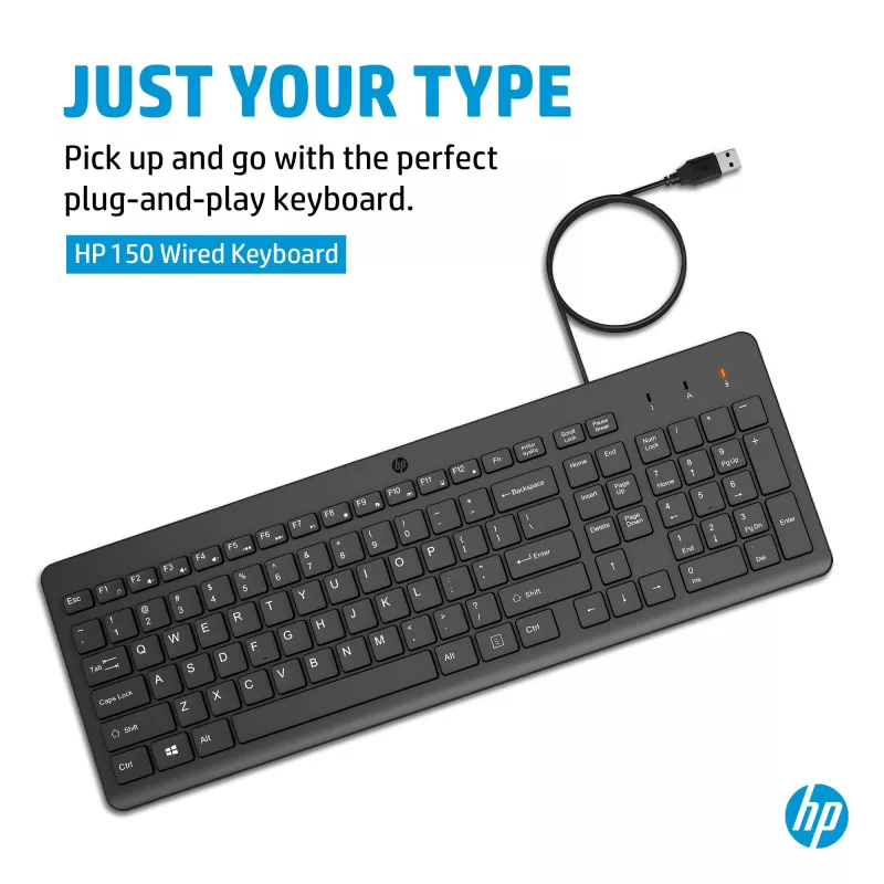 HP 150 laidinė klaviatūra, viso dydžio (100%), laidinė, USB, chiclet, QWERTY, juoda
