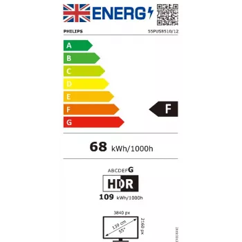 Televizorius Philips 55PUS8510 55 colių QLED 4K Ultra HD, Titan OS, Wi‑Fi, Bluetooth 5.2, HDR10+, 3×HDMI, 2×USB, 20W, Juodas