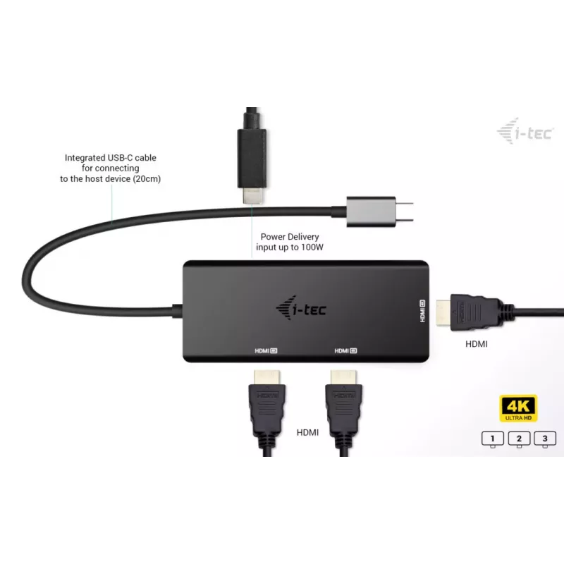 i-tec USB-C trigubas 4K HDMI vaizdo adapteris, Power Delivery 100W