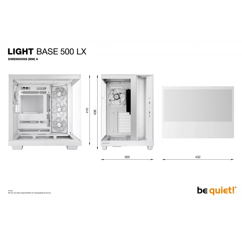 Korpusas be quiet Light Base 500 LX White Midi Tower ATX/PS2 PSU palaikymas 3x120 mm priekyje 1x120 mm gale palaiko 2.5/3.5 colių diskus 305×436×432 mm
