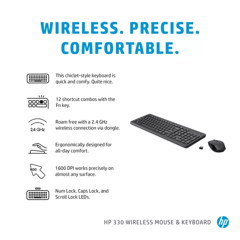 HP 330 belaidė klaviatūra ir pelė, pilno dydžio (100%), RF belaidis, QWERTY, juoda, pelė įtraukta