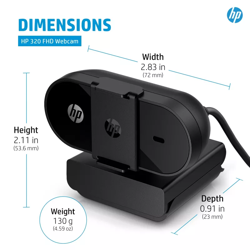 HP 320 FHD Webcam, 1920 x 1080 pikselių, Full HD, 30 kadrų/s, USB, juoda