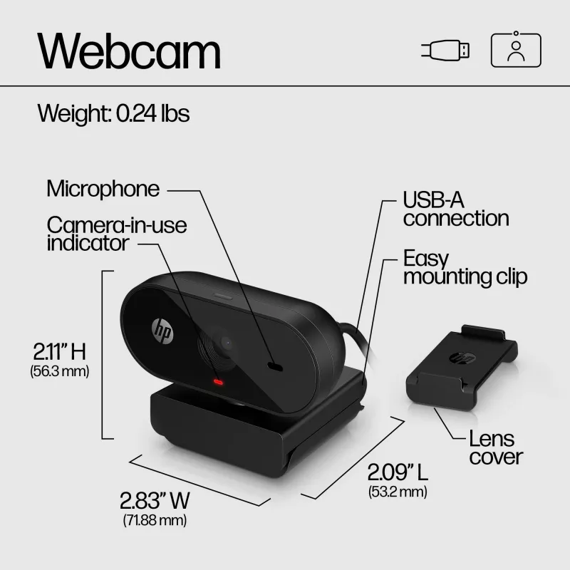 HP 320 FHD Webcam, 1920 x 1080 pikselių, Full HD, 30 kadrų/s, USB, juoda