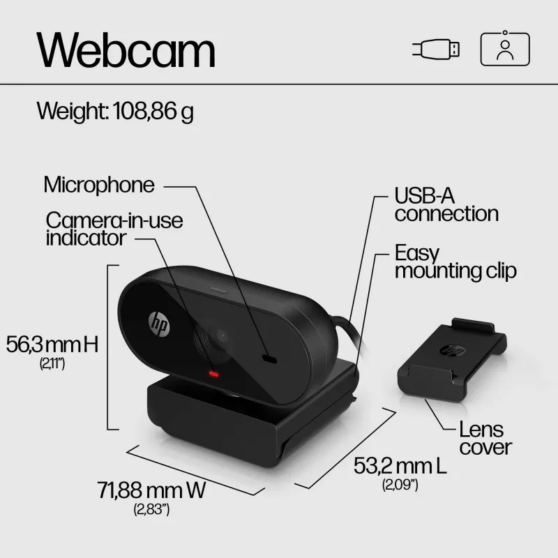 HP 320 FHD Webcam, 1920 x 1080 pikselių, Full HD, 30 kadrų/s, USB, juoda