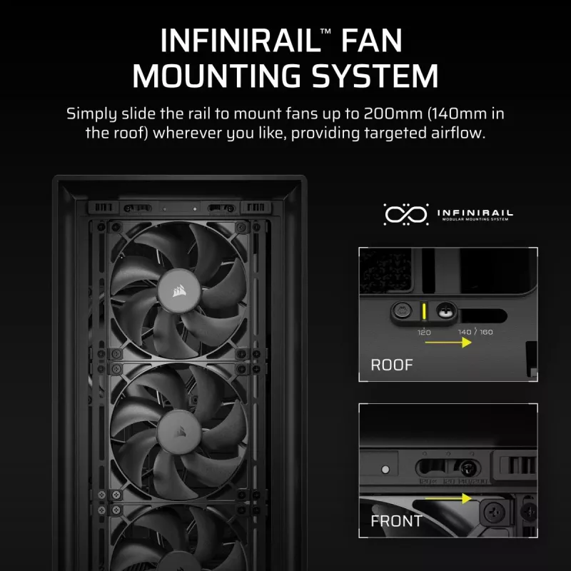 Korpusas PC Midi Tower CORSAIR FRAME 5000D RS — Juodas, ATX/EATX palaikymas, 3x140 mm priekiniai ventiliatoriai, grūdintas stiklas, 250×556×542 mm