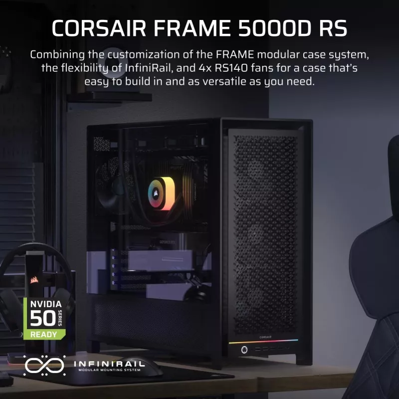 Korpusas PC Midi Tower CORSAIR FRAME 5000D RS — Juodas, ATX/EATX palaikymas, 3x140 mm priekiniai ventiliatoriai, grūdintas stiklas, 250×556×542 mm