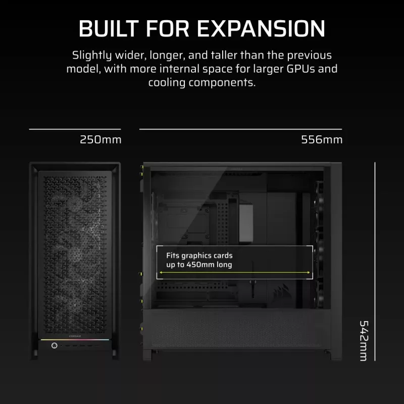 Korpusas PC Midi Tower CORSAIR FRAME 5000D RS — Juodas, ATX/EATX palaikymas, 3x140 mm priekiniai ventiliatoriai, grūdintas stiklas, 250×556×542 mm