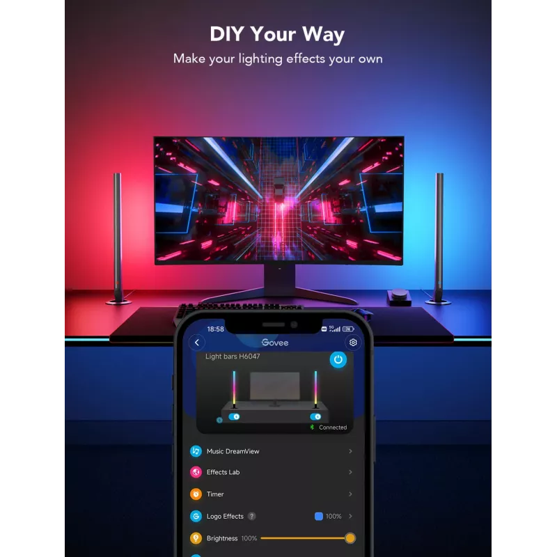 Išmanusis apšvietimo rinkinys Govee H6047, Wi‑Fi/Bluetooth, 12V 24W, juodas, 5 vnt.
