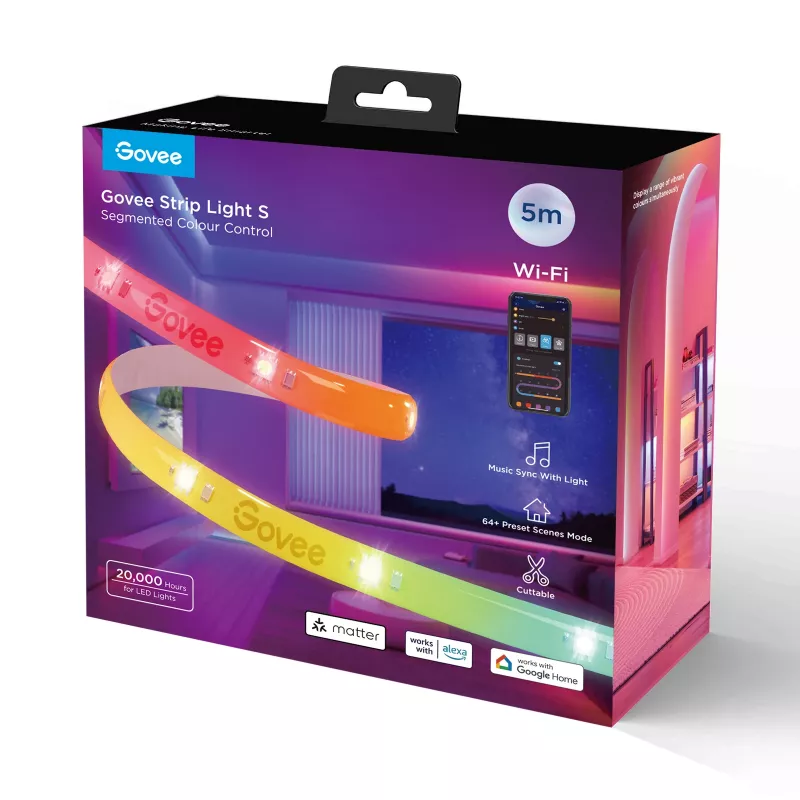 Govee Strip Light S 5 m protinga LED juosta – Wi‑Fi/Bluetooth, RGBIC, 5 000 mm, balta