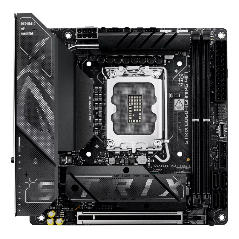 Motininė plokštė ASUS ROG STRIX B860-I GAMING WIFI — Intel B860, LGA 1851, mini ITX, 2× DDR5 DIMM (iki 128 GB), Wi‑Fi 7, 2.5Gb LAN