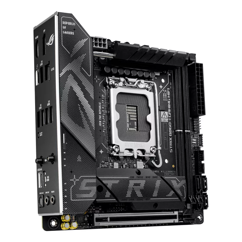Motininė plokštė ASUS ROG STRIX B860-I GAMING WIFI — Intel B860, LGA 1851, mini ITX, 2× DDR5 DIMM (iki 128 GB), Wi‑Fi 7, 2.5Gb LAN