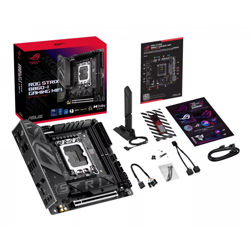 Motininė plokštė ASUS ROG STRIX B860-I GAMING WIFI — Intel B860, LGA 1851, mini ITX, 2× DDR5 DIMM (iki 128 GB), Wi‑Fi 7, 2.5Gb LAN