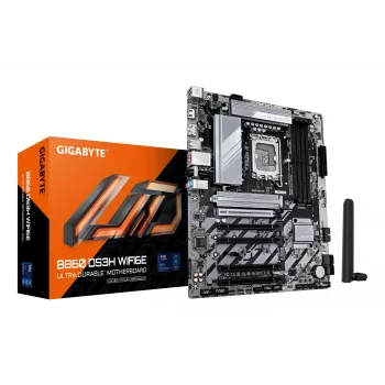 GIGABYTE B860 DS3H WIFI6E pagrindinė plokštė – Intel Core Ultra serijos procesoriams, 8+1+2+2 fazių VRM, DDR5 iki 9066MHz, 1xPCIe 5.0 + 1xPCIe 4.0 M.2, 2.5GbE LAN, Wi-Fi 6E, USB 3.2 Gen 2x2