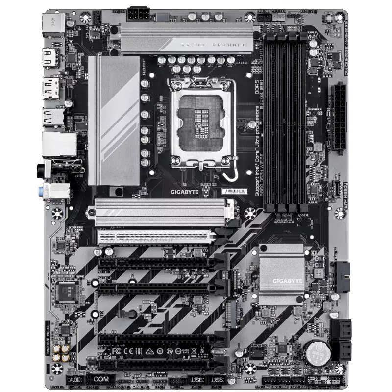 GIGABYTE B860 DS3H WIFI6E pagrindinė plokštė – Intel Core Ultra serijos procesoriams, 8+1+2+2 fazių VRM, DDR5 iki 9066MHz, 1xPCIe 5.0 + 1xPCIe 4.0 M.2, 2.5GbE LAN, Wi-Fi 6E, USB 3.2 Gen 2x2