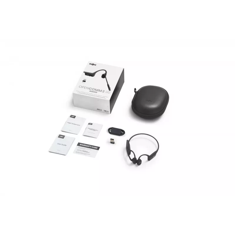 Ausinės Shokz OpenComm2 UC 2025 – belaidės kaulinio laidumo ausinės su kabliuku, 16 h pokalbio laiko, USB Type-A/Type-C, ANC, 29 m diapazonas, juodos
