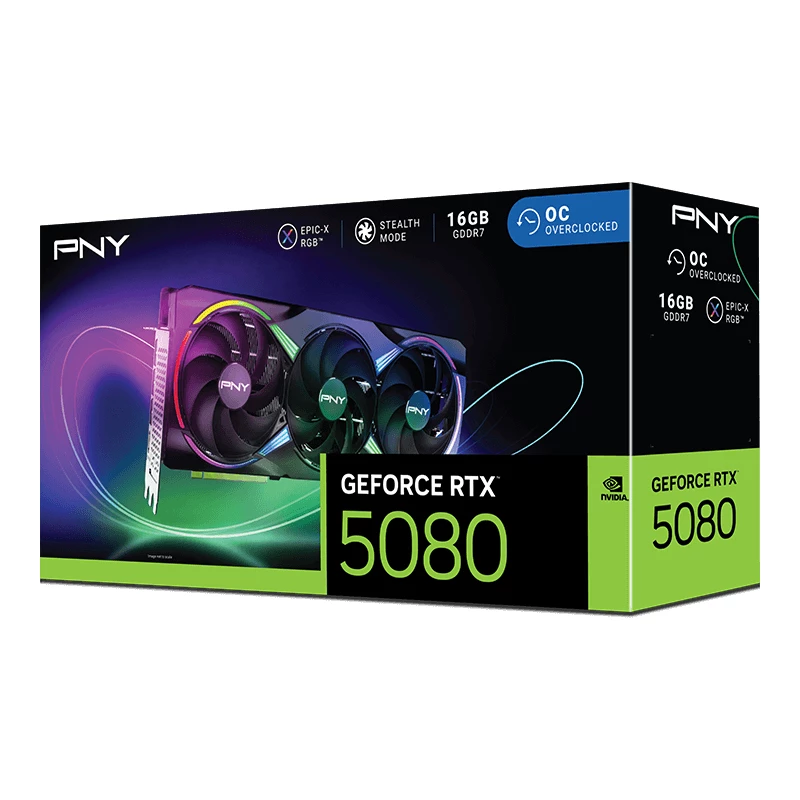 PNY GeForce RTX 5080 16GB ARGB Overclocked Triple Fan vaizdo plokštė - 16GB GDDR7 - DisplayPort 2.1b / HDMI 2.1b